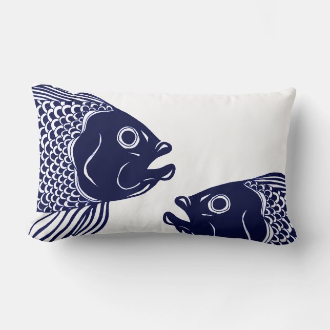 Nautical Navy Blue Fish Heads Lumbar Cushion (Front)