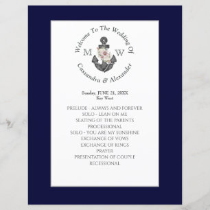 Nautical Navy Blue Floral Anchor wedding Program