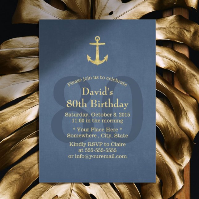 Nautical Navy Blue Gold Anchor 80th Birthday Party Invitation (Creator Uploaded)