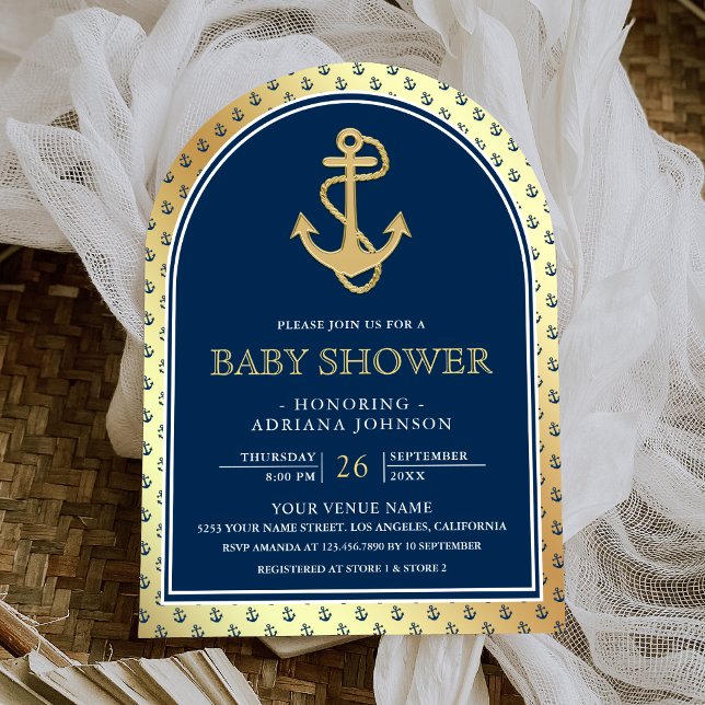 Nautical Navy Blue Gold Anchor Arch Baby Shower Invitation (Creator Uploaded)