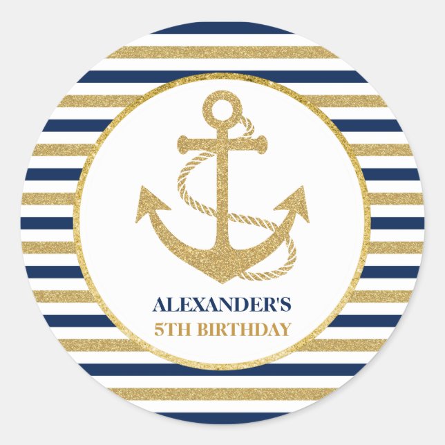 Nautical Navy Blue Gold Anchor Birthday Party Classic Round Sticker (Front)