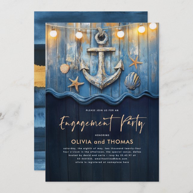 Nautical Navy Blue & Gold Anchor Engagement Party Invitation (Front/Back)