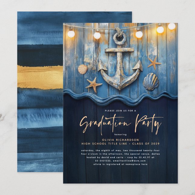 Nautical Navy Blue & Gold Anchor Graduation Party Invitation (Front/Back)