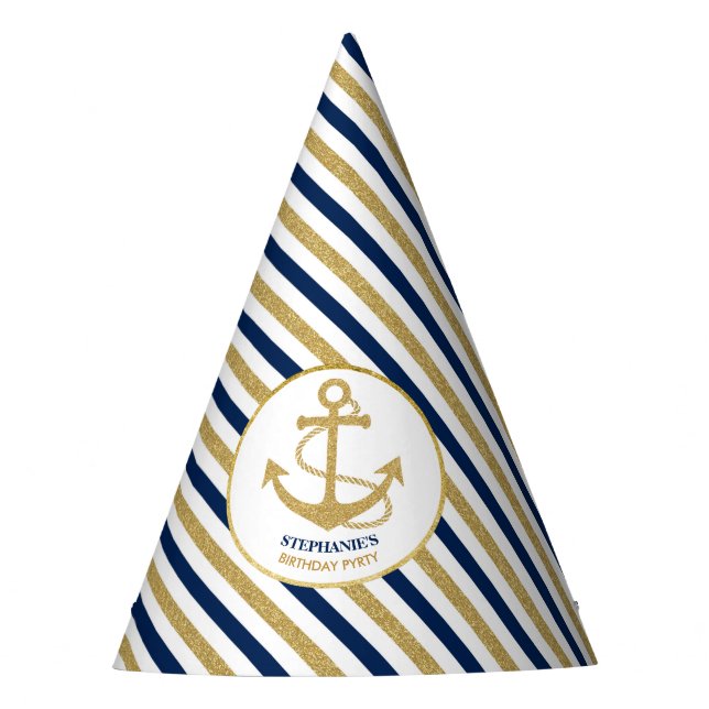 Nautical Navy Blue Gold Anchor Party Hat (Front)