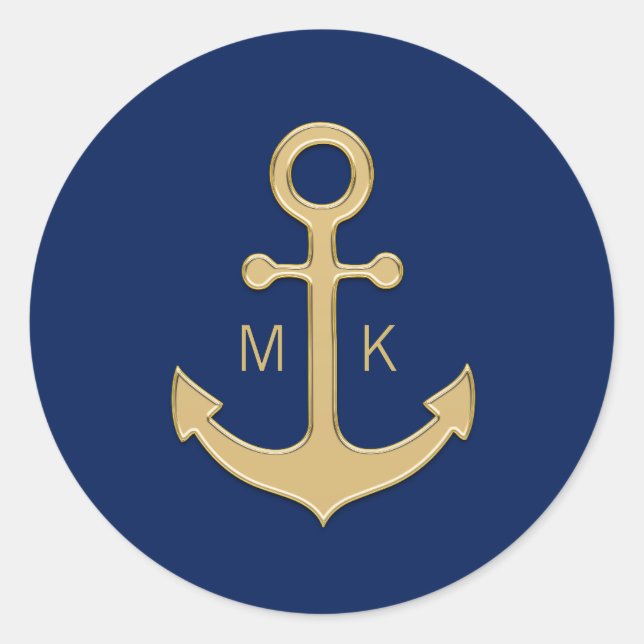 Nautical Navy Blue Gold Anchor Wedding MONOGRAMS Classic Round Sticker (Front)