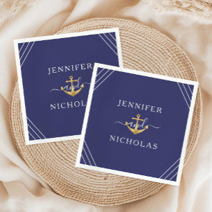 Nautical Navy Blue Gold Anchor Wedding Napkin