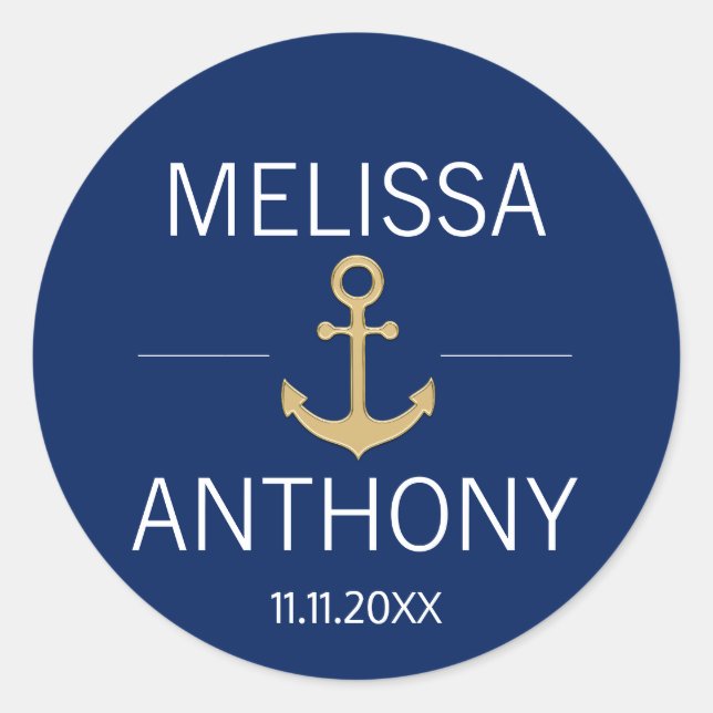 Nautical Navy Blue Gold Anchor White Wedding Classic Round Sticker (Front)
