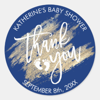 Nautical Navy Blue Gold Brush Stroke Baby Shower Classic Round Sticker