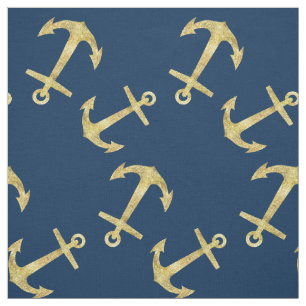 Nautical Navy Blue Gold Glitter Anchor Pattern Fabric