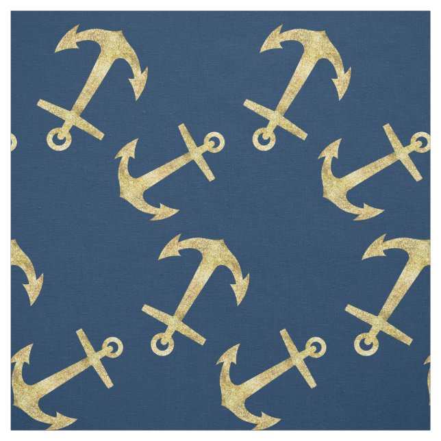 Nautical Navy Blue Gold Glitter Anchor Pattern Fabric (Swatch)