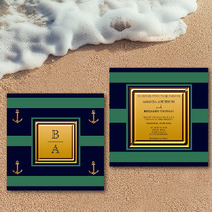 Nautical Navy Blue Green Stripes Anchor Wedding Invitation
