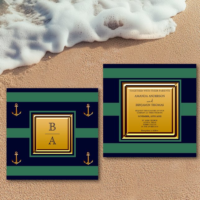Nautical Navy Blue Green Stripes Anchor Wedding Invitation (Creator Uploaded)