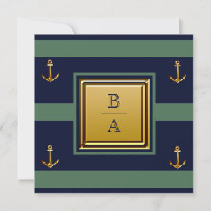Nautical Navy Blue Green Stripes Anchor Wedding Invitation