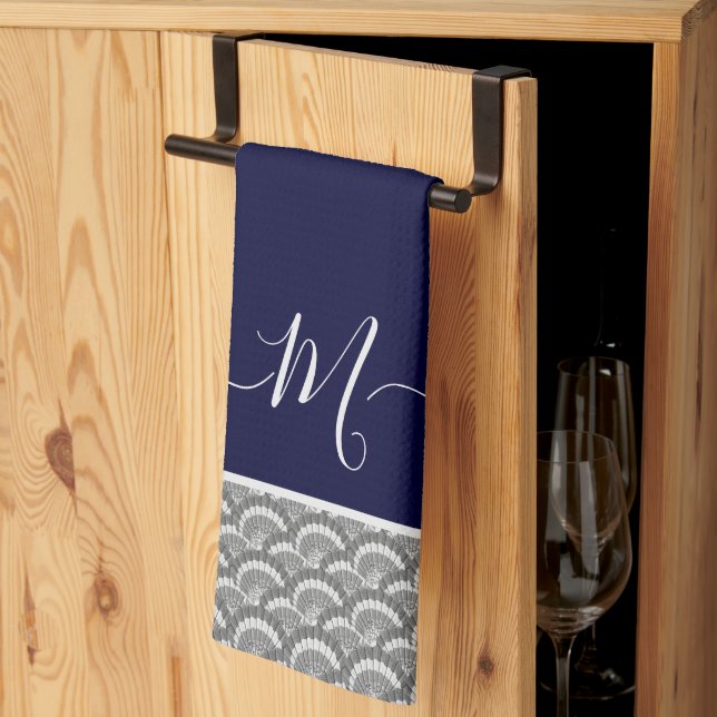 Nautical Navy Blue Grey Seashell Monogram initial  Tea Towel (Thirds Fold)