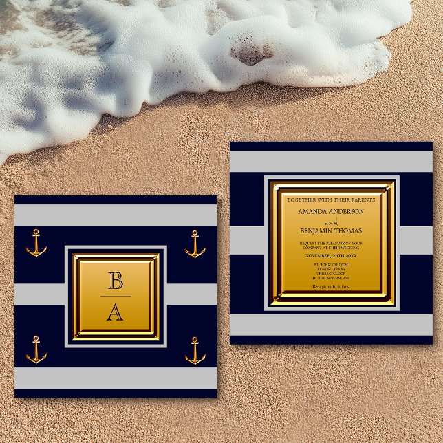 Nautical Navy Blue Grey Stripes Anchor Wedding Inv Invitation (Creator Uploaded)