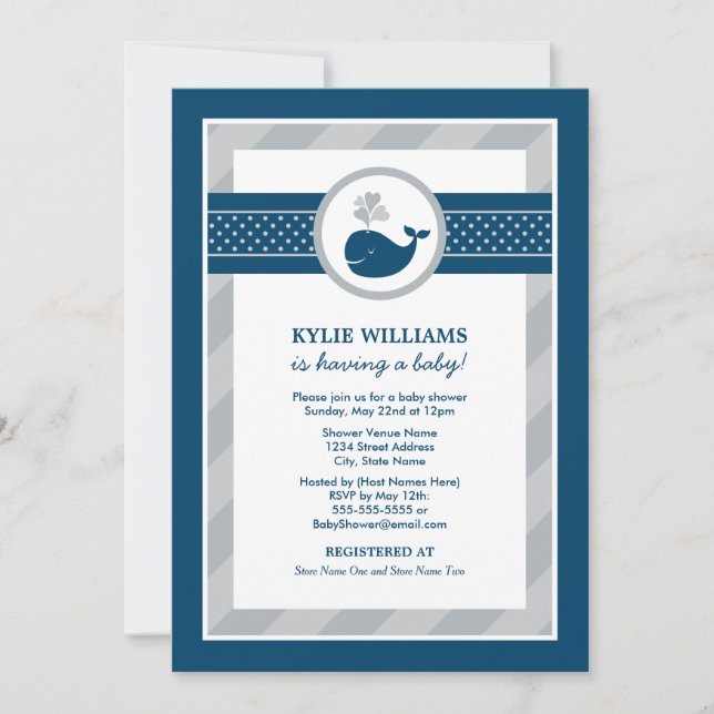 Nautical Navy Blue Grey Whale Boy Baby Shower Invitation (Front)