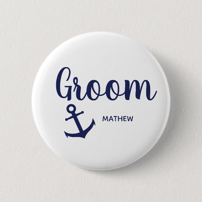 Nautical navy blue groom anchor 6 cm round badge (Front)