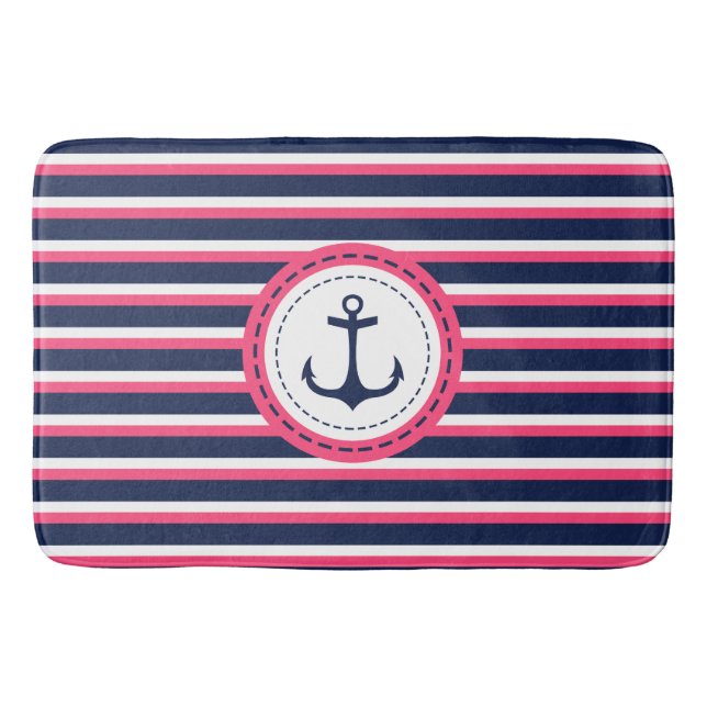 Nautical Navy Blue Hot Pink Stripes Anchor Design Bath Mat (Front)