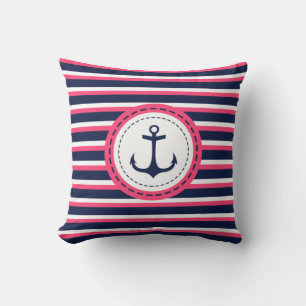 Nautical Navy Blue Hot Pink Stripes Anchor Design Cushion