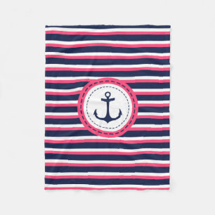 Nautical Navy Blue Hot Pink Stripes Anchor Design Fleece Blanket