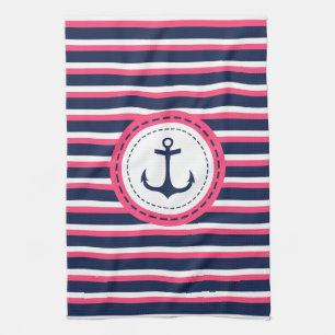 Nautical Navy Blue Hot Pink Stripes Anchor Design Tea Towel