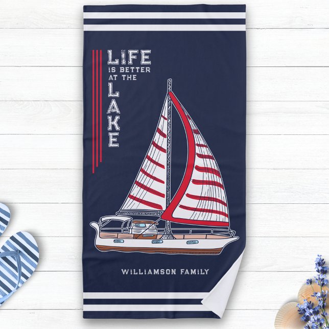 Nautical Navy Blue Life is Better at the Lake Beach Towel (Creator Uploaded)