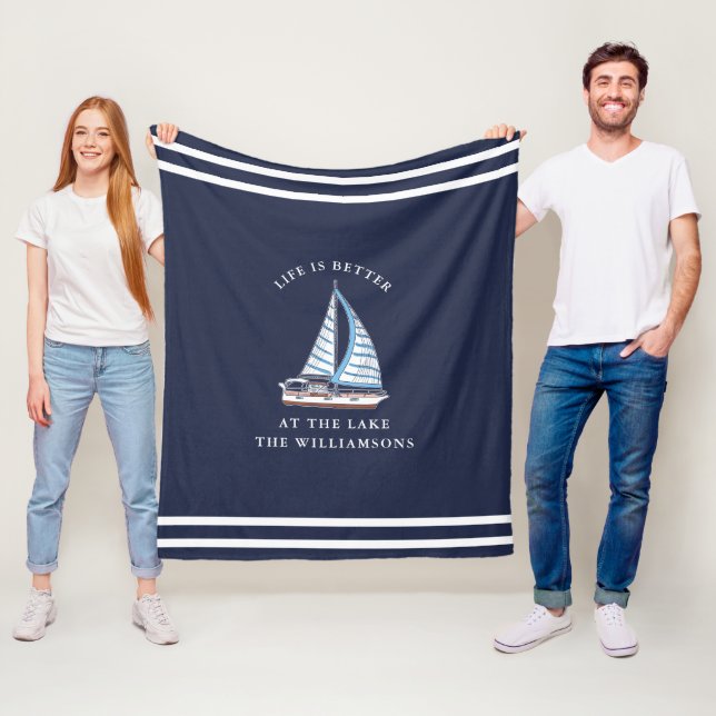 Nautical Navy Blue Life is Better at the Lake Fleece Blanket (In Situ)
