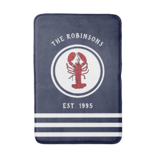 Nautical Navy Blue Lobster Custom Family Name Bath Mat