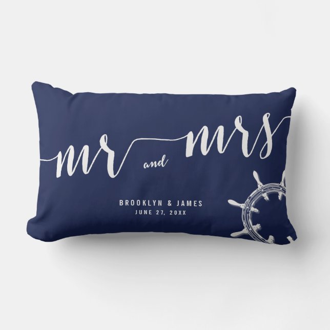 Nautical Navy Blue Lumbar Wedding Pillows (Front)