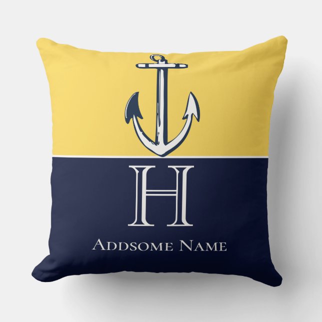 Nautical Navy Blue Mustard Yellow Anchor Monogram Cushion (Front)
