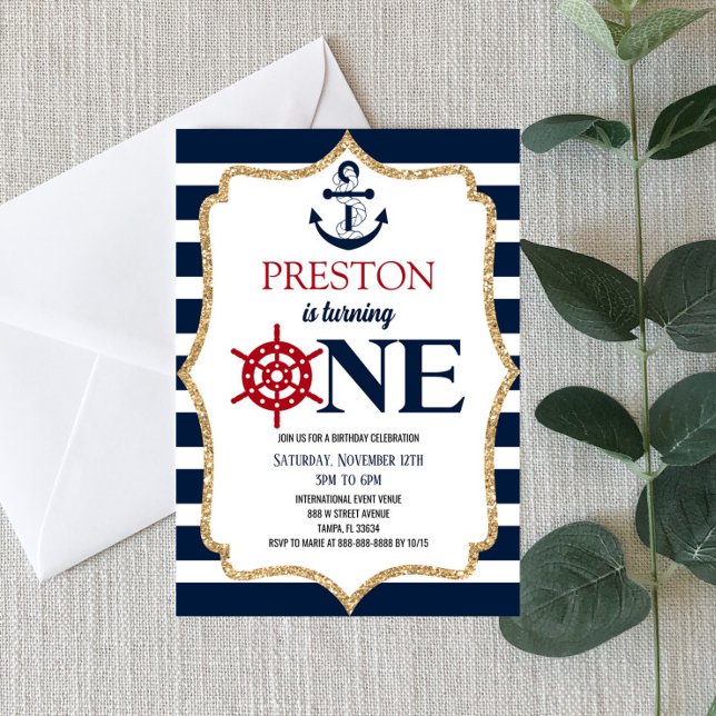 Nautical Navy Blue One 1st First Birthday Party Invitation (Creator Uploaded)