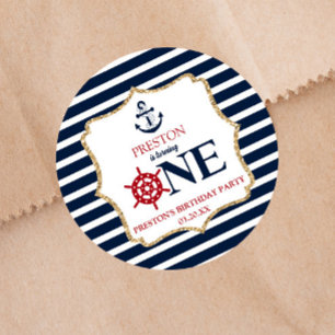Nautical Navy Blue ONE First 1st Birthday Party Classic Round Sticker