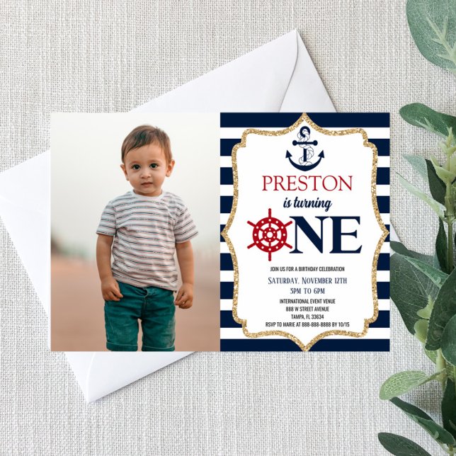 Nautical Navy Blue One Picture 1st First Birthday Invitation (Creator Uploaded)