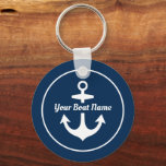 Nautical Navy Blue Personalised Boat Name Anchor Key Ring<br><div class="desc">Round nautical keychain design features a simple,  stylish navy blue and white coastal style design with boat anchor accent. Personalise the custom script text with the name of your boat.</div>