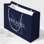 Nautical Navy Blue Personalised Groomsmen Large Gift Bag<br><div class="desc">Add a personal touch to your wedding with personalised groomsmen gift bag. This gift bag features personalised groomsman's name with title and wedding date in white and monogram in light navy blue as background, in classic serif font style, on navy blue background. Also perfect for best man, father of the...</div>