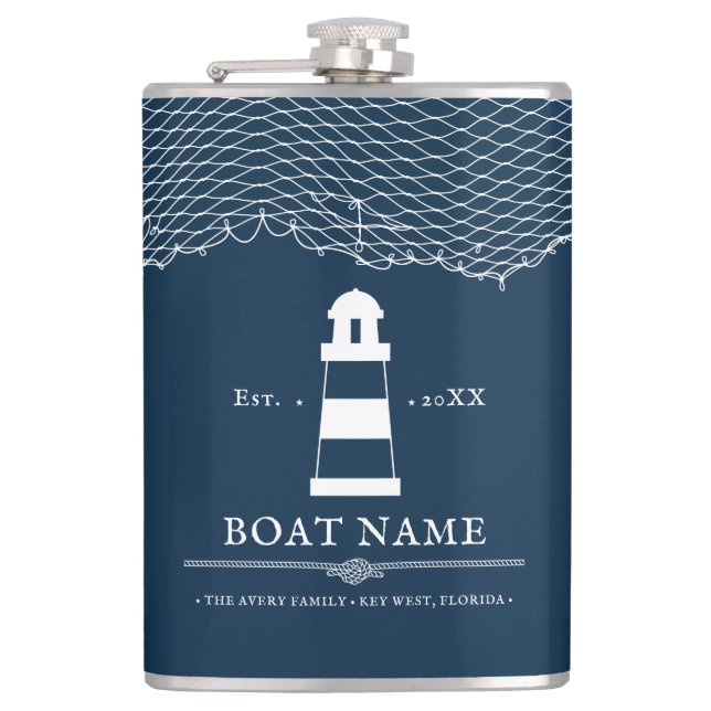 Nautical Navy Blue Personalised lighthouse Boat Hip Flask (Front)