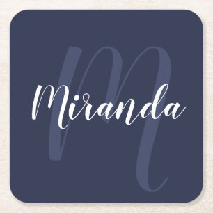 Nautical Navy Blue Personalised Monogram and Name Square Paper Coaster