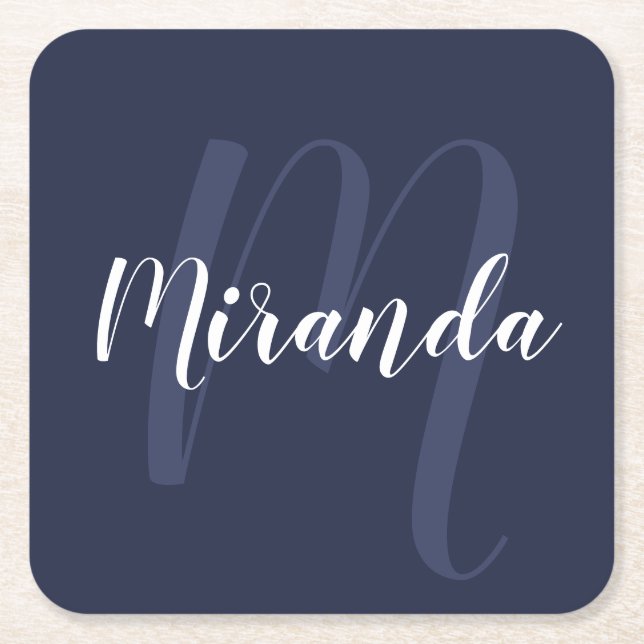 Nautical Navy Blue Personalised Monogram and Name Square Paper Coaster (Front)