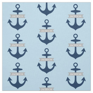 Nautical Navy Blue Personalised Name Boat Anchors Fabric