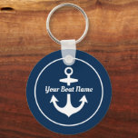 Nautical Navy Blue Personalized Boat Name Anchor Key Ring<br><div class="desc">Round nautical keychain design features a simple,  stylish navy blue and white coastal style design with boat anchor accent. Personalize the custom script text with the name of your boat.</div>