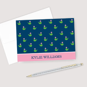 Nautical Navy Blue Pink Whale Pattern Custom Name Note Card
