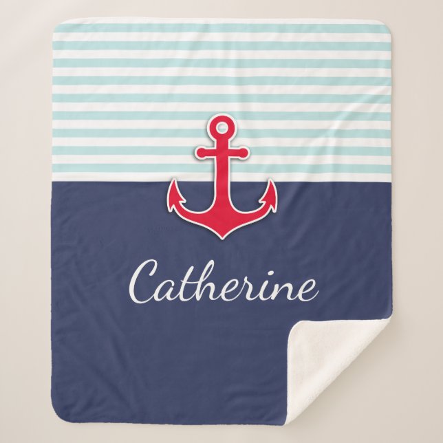 Nautical Navy Blue Red Anchor Custom Design Sherpa Blanket (Front)