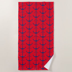 Nautical navy blue red anchor pattern beach towel