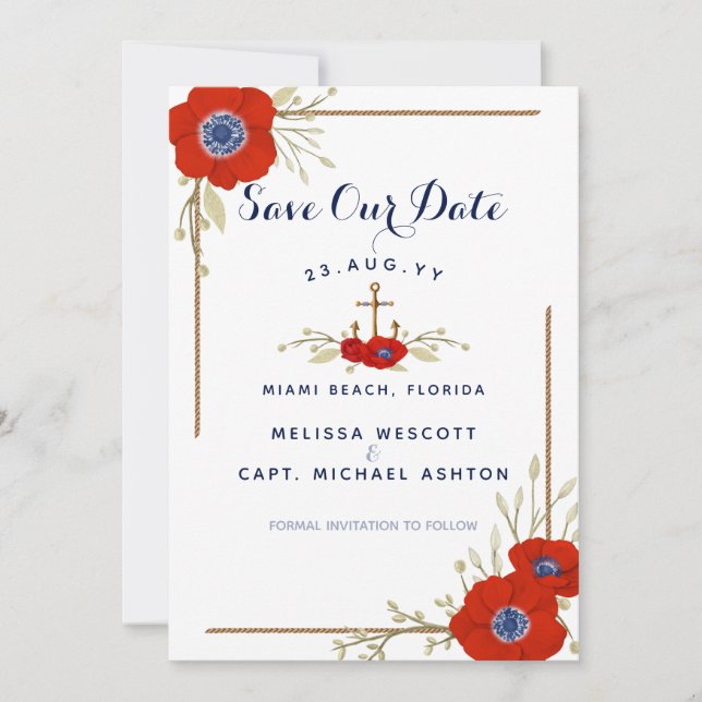 Nautical Navy Blue & Red Anemone Anchor Wedding Save The Date (Front)