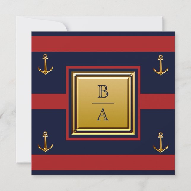 Nautical Navy Blue Red Stripes Anchor Wedding Invi Invitation (Front)