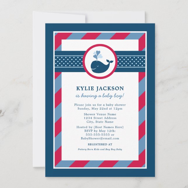 Nautical Navy Blue Red Whale Boy Baby Shower Invitation (Front)