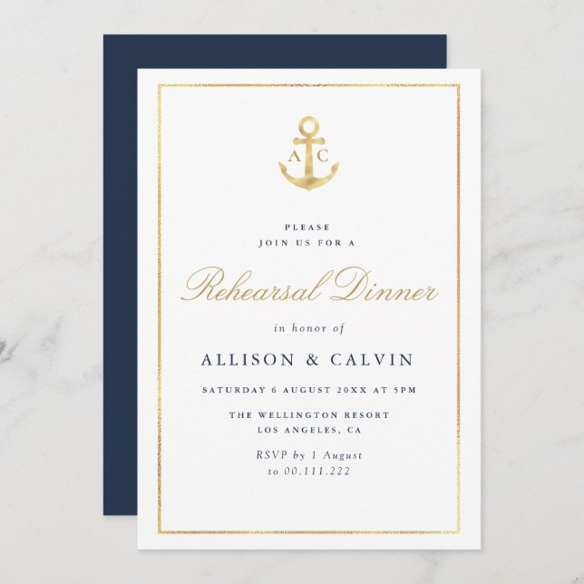 nautical navy blue rehearsal dinner invitation (Front/Back)