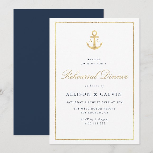 nautical navy blue rehearsal dinner invitation (Front/Back)
