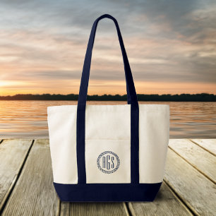 Nautical Navy Blue Rope Monogram Tote Bag