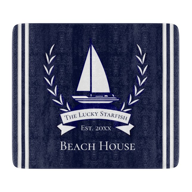 Nautical Navy Blue Sailboat Coastal Monogrammed  C Cutting Board (Front)